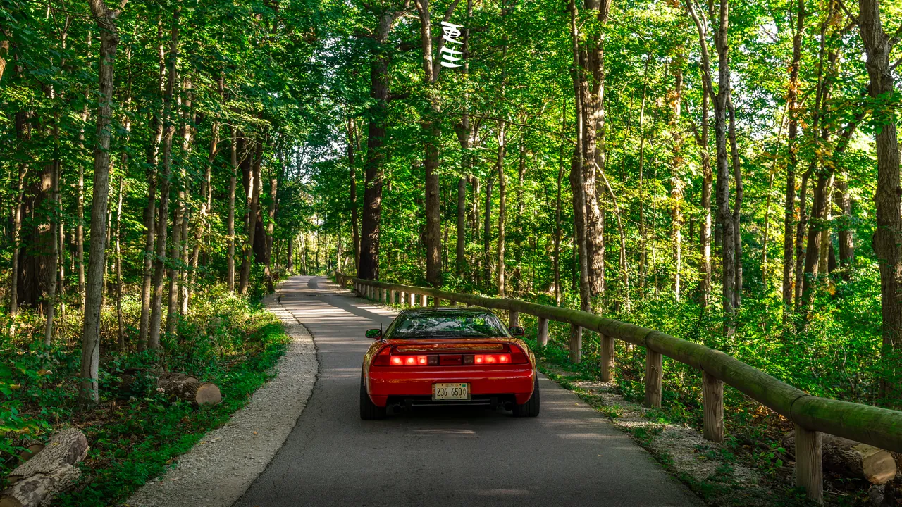 Red Acura NSX from behind on a tree-lined path through a green forest canopy